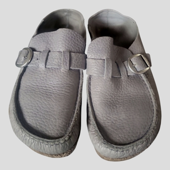 Birkenstock Buckley Gray Leather Buckle Moccasin Cork Sole Loafers Sz 38
